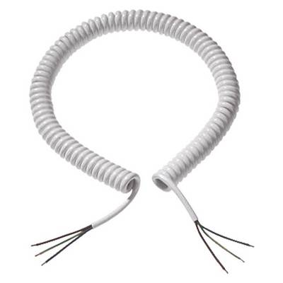 Bijeli, spiralni kabel s ogoljena dva kraja, pogodan za elektronske spojeve ili produžetke.