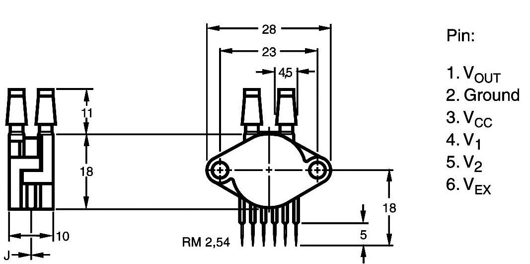 Shema elektroničkog priključka komponente s rasporedom pinova: 1. V_OUT, 2. Masa, 3. V_CC, 4. V_1, 5. V_2, 6. V_EX.