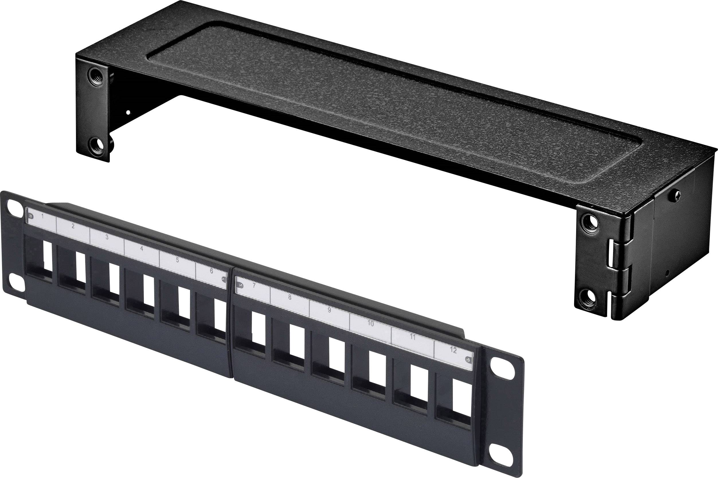 Dva rack dodatka: crna polica za komponente poslužitelja gore i patch panel s deset priključaka dolje.