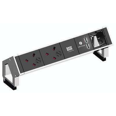 Utičnica za stol s dva priključka, dva USB porta i crnom površinom, podesna za radne stolove ili uredske prostore.