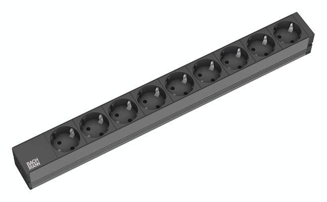 Bachmann 333.506 19 inch Stekkerdoos voor patchkast 1 HE Geaarde contactdoos Aluminium profiel Zwart