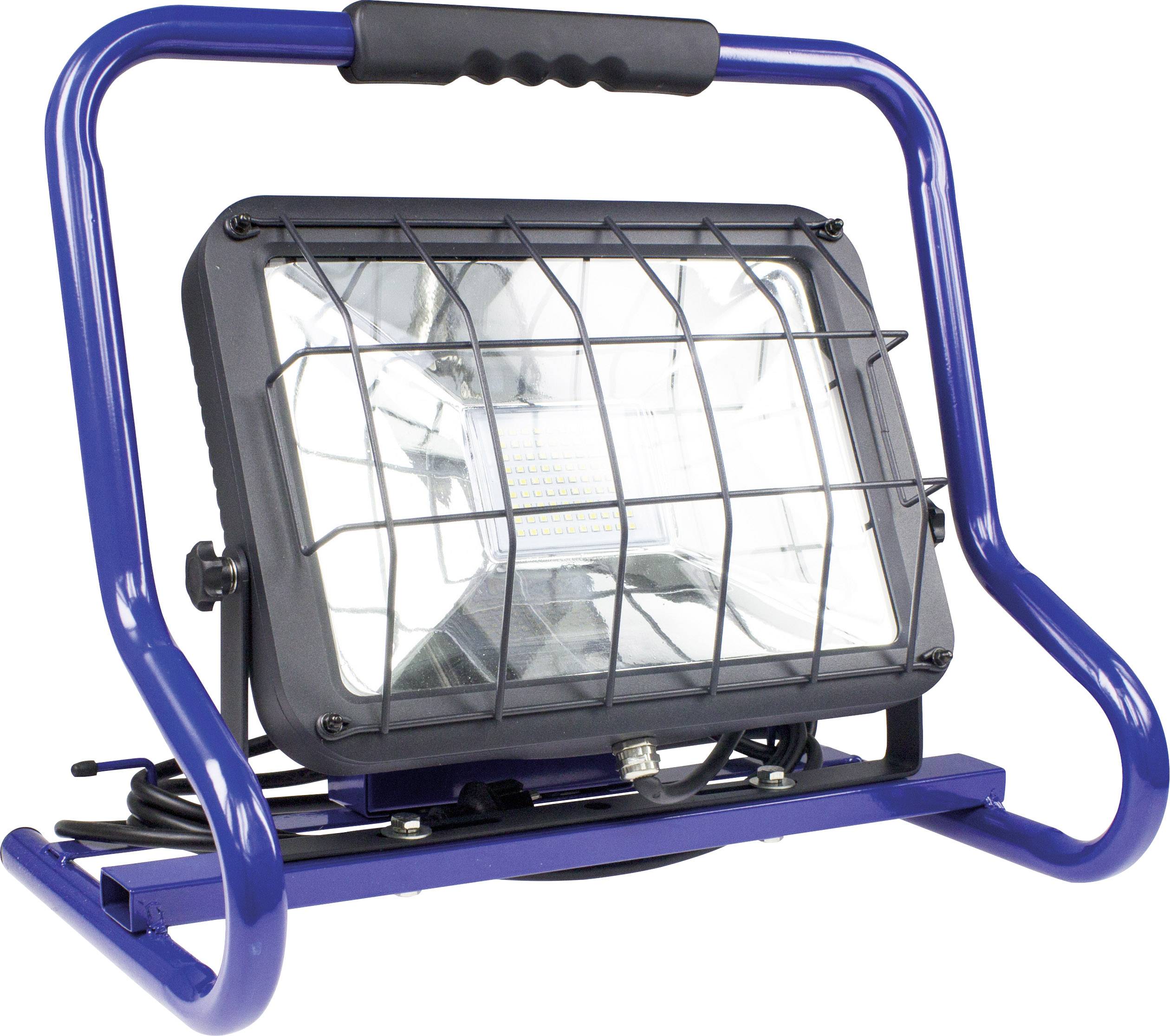 Plavi prijenosni LED reflektor za gradilište sa zaštitnom rešetkom na čvrstom metalnom okviru. Pogodan za gradilišta i vanjsku rasvjetu.