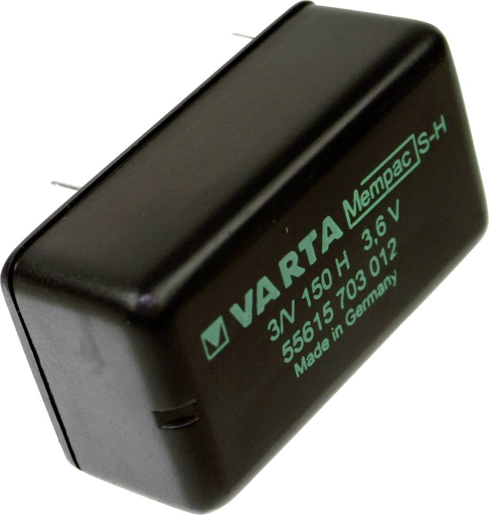 Crni VARTA Mempac akumulator, 3,6 V, model 3/V150H, s dva istaknuta metalna pina, na vrhu označen natpisom 'Made in Germany'.