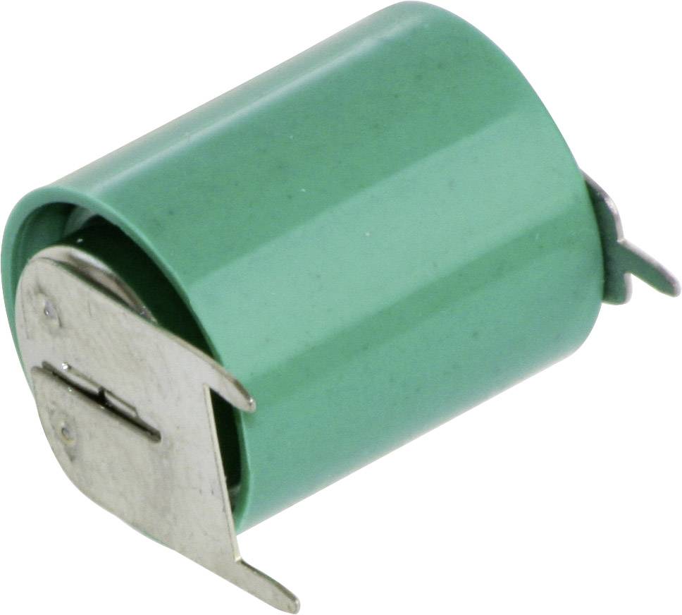 Zeleni cilindrični komponenski dio s metalnim pločicama, vjerojatno elektronički kondenzator, na bijeloj pozadini.