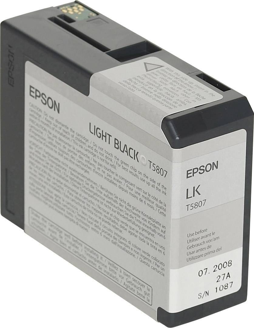 Epson tinta u boji 'Light Black', model T5807. Na prednjoj strani nalaze se detalji o tinti i upute za upotrebu.