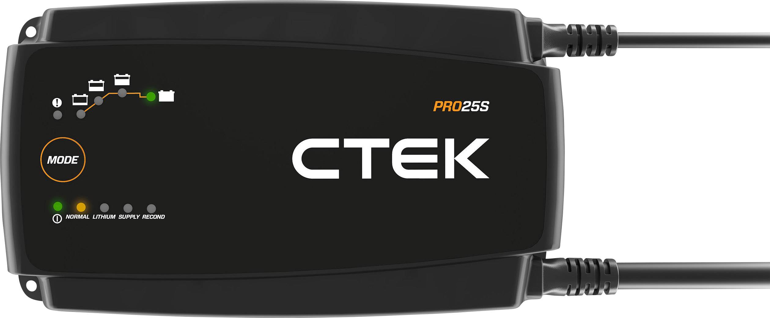 CTEK PRO25S punjač baterija, crne boje, s LED indikatorima za stanje punjenja i radni mod na vrhu uređaja.