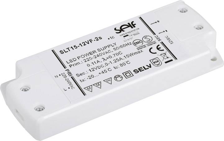 LED-upravljač za 12V rasvjetu. Bijeli pravokutni oblik s tehničkim specifikacijama: ulazni i izlazni napon, jakost struje, logotip marke.