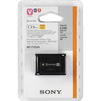 Pakiranja Sony NP-FV50A baterije. Kapacitet: 6,9 Wh, 950 mAh, 7,3 V. Pogodan za V-seriju, s informacijama na više jezika.