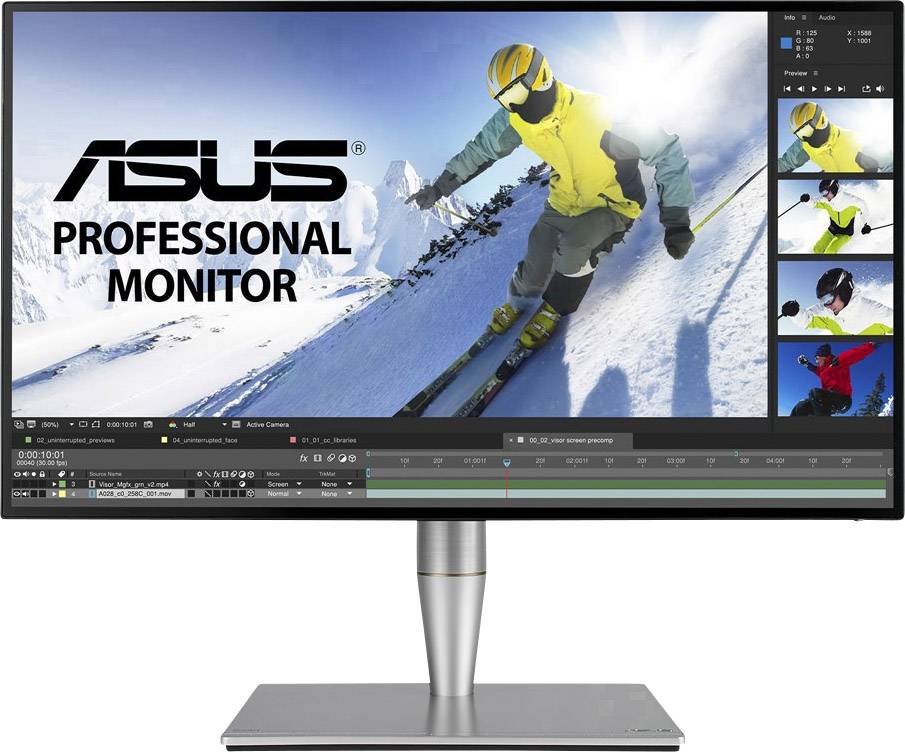 Monitor prikazuje skijaša na snijegom pokrivenom skijaškom terenu. Lijevo se nalazi ASUS logo i tekst 'Profesionalni monitor'.