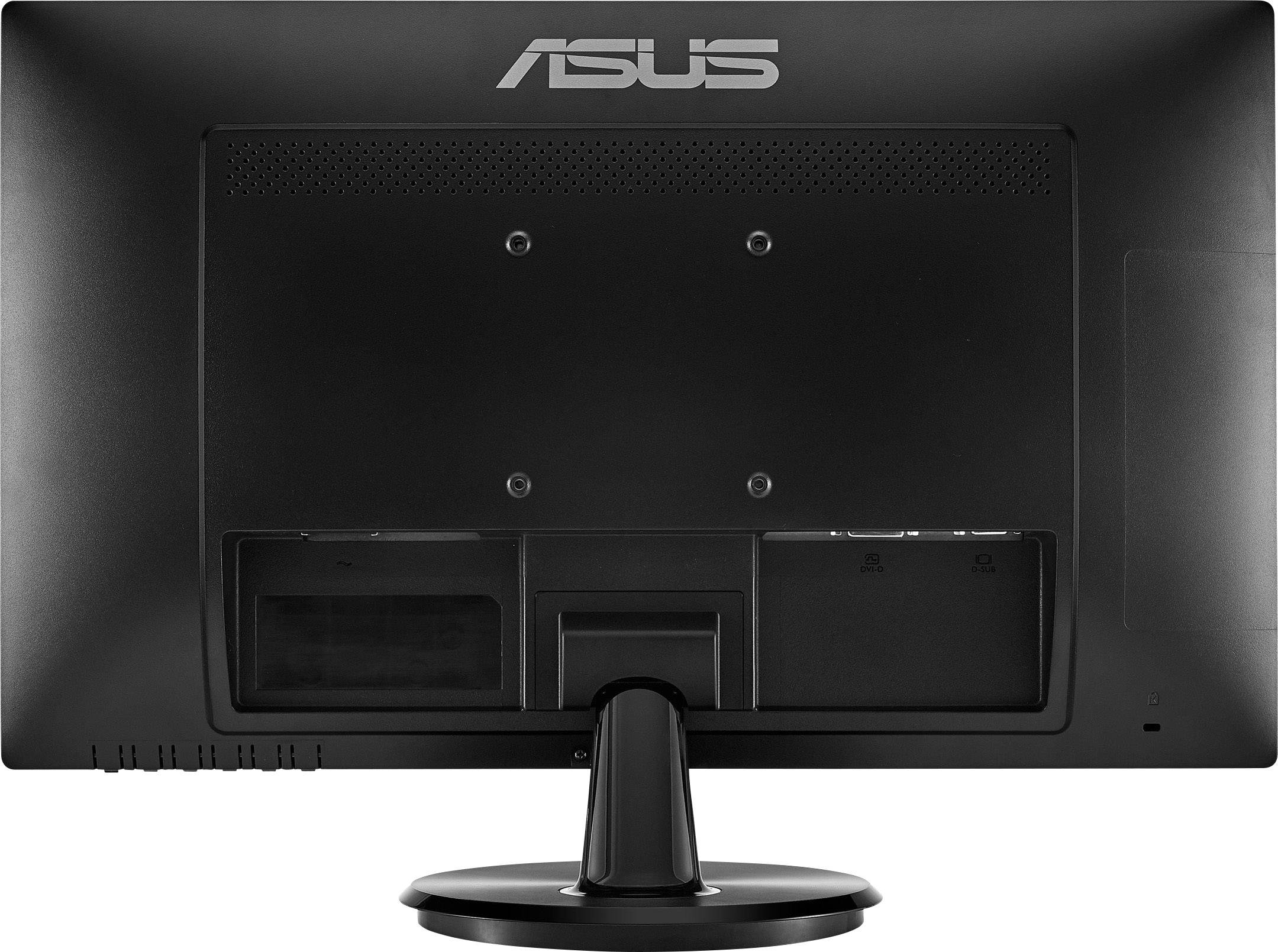 Stražnja strana Asus monitora s crnim kućištem i središnjom nosačem postolja.