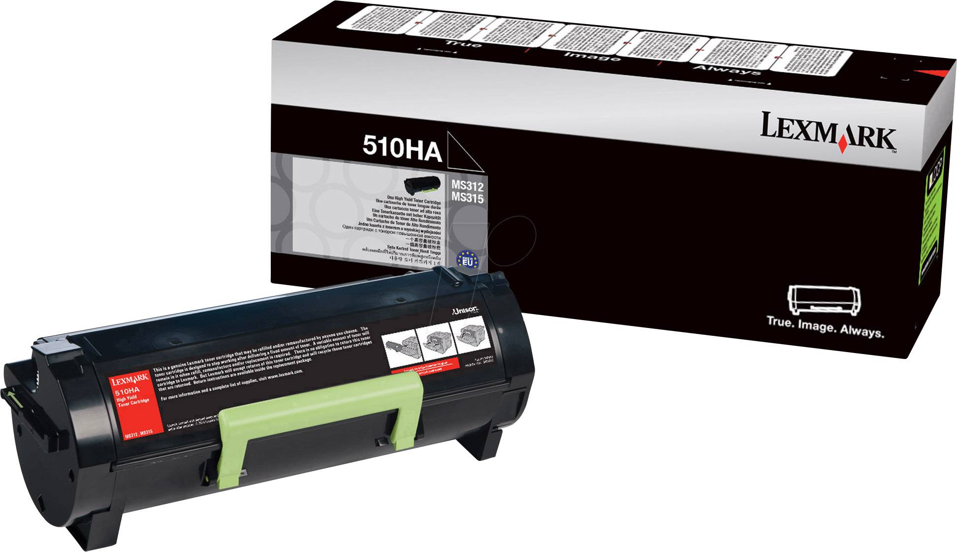 Lexmark 510HA toner kaseta i pakiranja. Crni tonerski modul sa zelenom ručkom ispred odgovarajuće kartonske kutije.