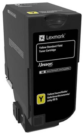Crna Lexmark toner kazeta, žuti model, standardni kapacitet. Tekstovi uključuju 'Žuti toner kazeta standardnog kapaciteta' i bojne kodove.