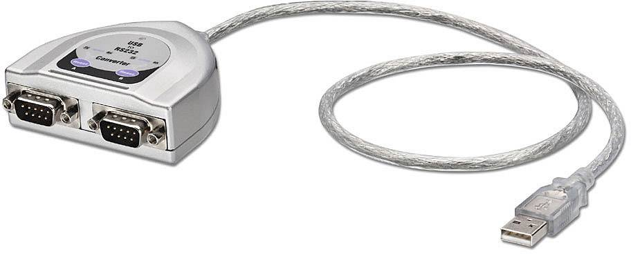 USB-na-serijski adapter s dva RS-232 priključka. Srebreno kućište s prozirnim USB kabelom za povezivanje starijih uređaja.