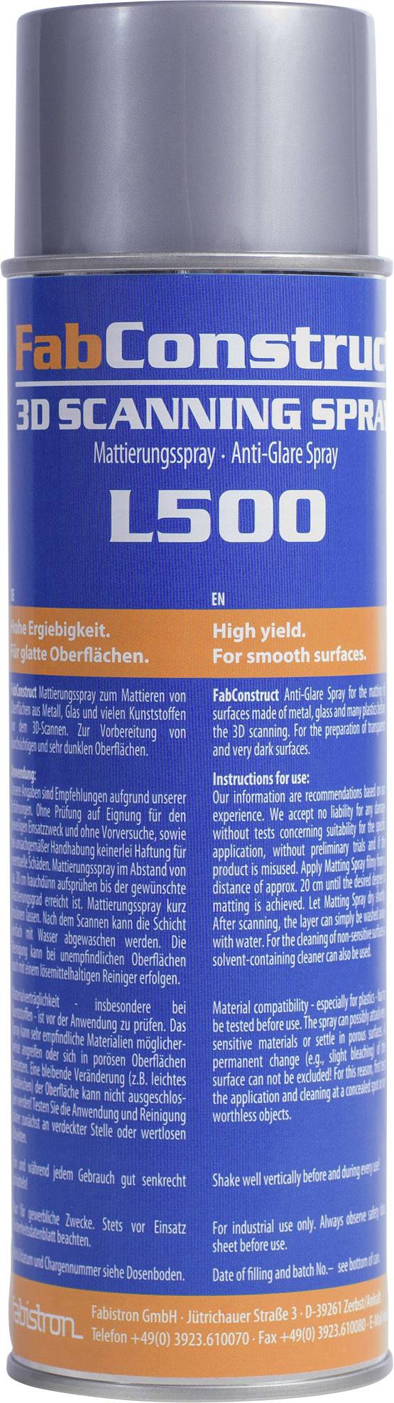 Sprej za mattiranje s natpisom 'FabConstruc 3D Scanning Spray L500' u plavoj i narančastoj boji. Sprej za mattiranje glatkih površina.