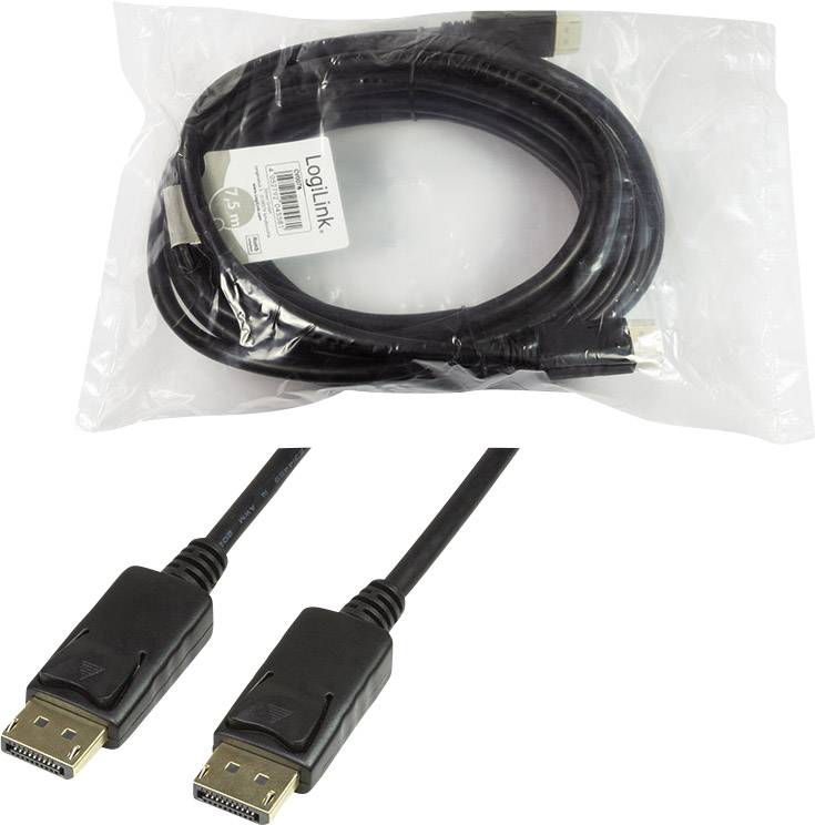 Crni DisplayPort kabel u originalnoj ambalaži i njegovi priključci su prikazani. Naljepnica na pakiranju pokazuje duljinu od 7,5 m.