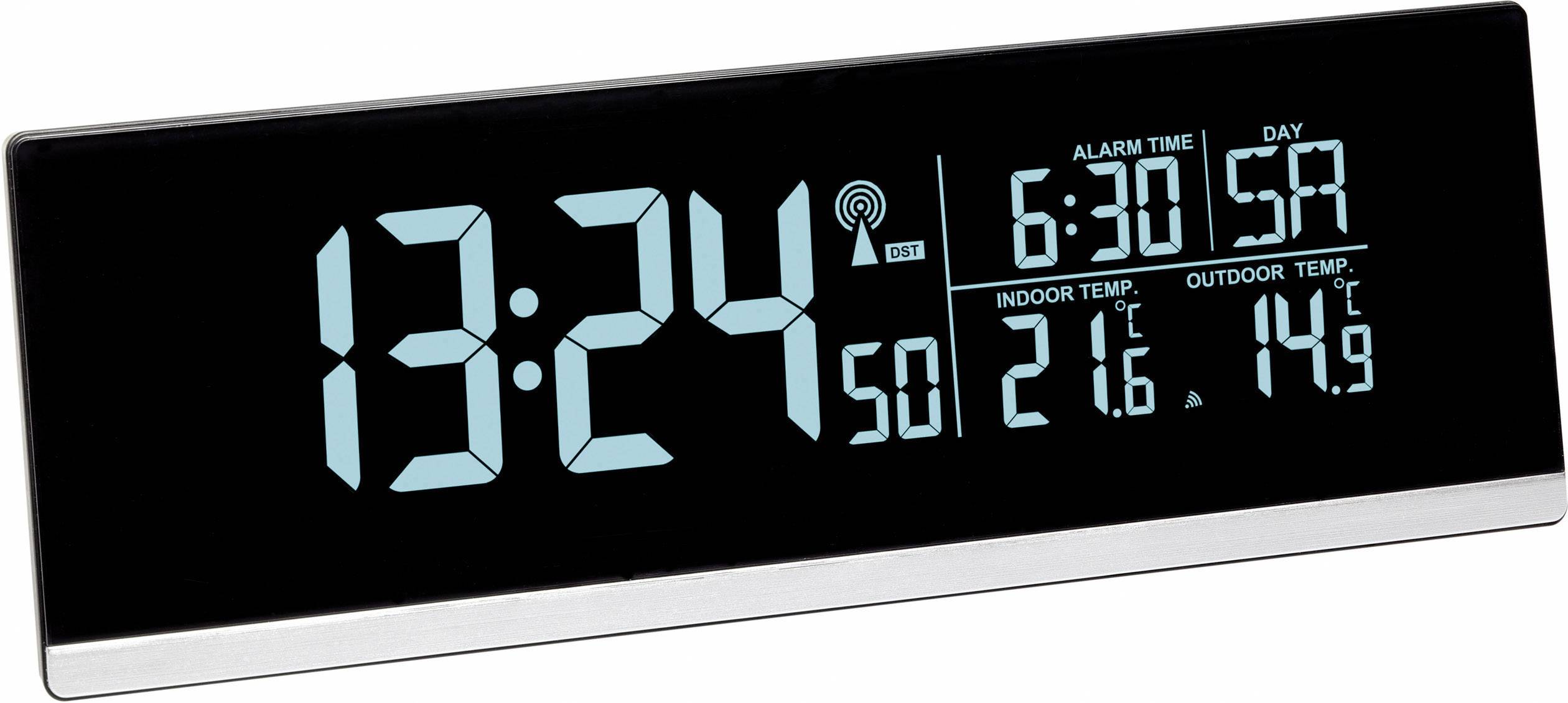 Elektronički digitalni sat pokazuje 13:24. Datum: Nedjelja. Vrijeme alarma: 6:30. Unutarnja temperatura: 21,6°C. Vanjska temperatura: 14,9°C.