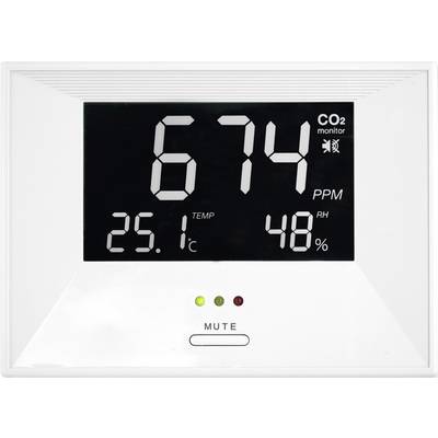 Zidni monitor prikazuje 'CO2 674 PPM', '25,1°C' i '48% RH'. Ispod su tri LED indikacije: dvije zelene, jedna žuta.