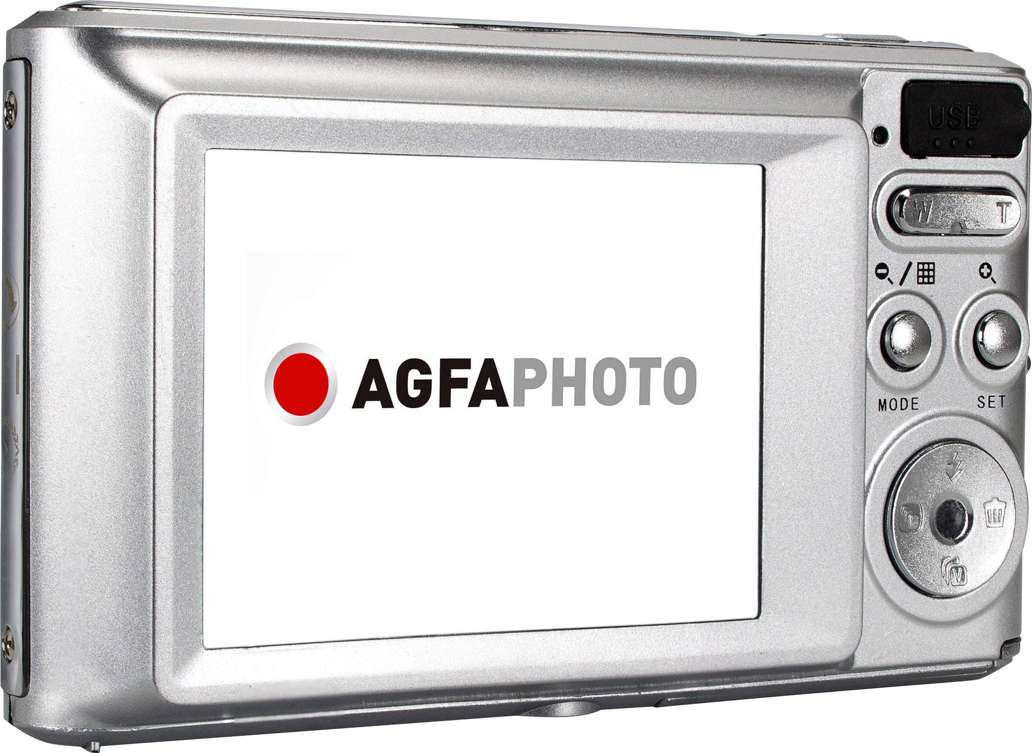 Stražnja strana digitalne fotoaparata sa srebrnim kućištem i zaslonom na kojem se prikazuje logo 'AGFAPHOTO'.