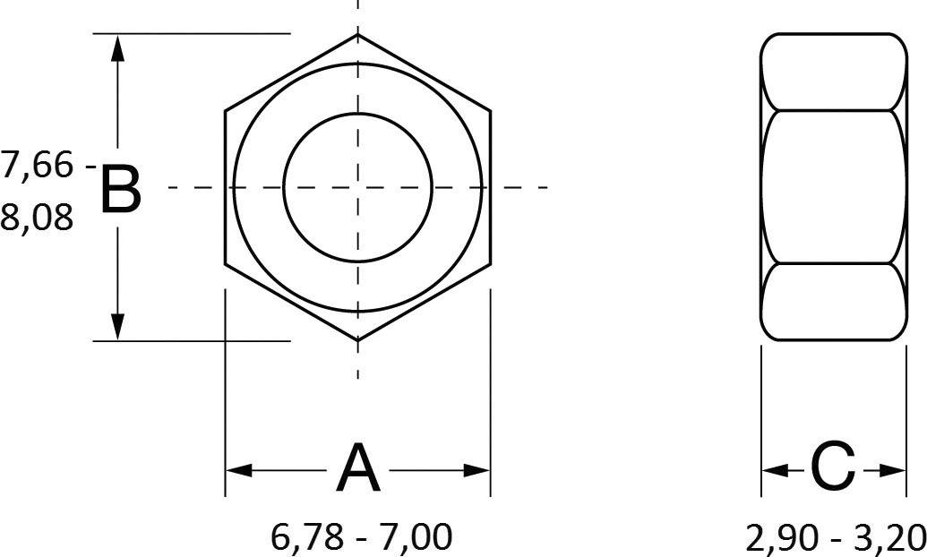 Tehnički nacrt šesterokutne matice s mjernim oznakama: 'A' 6,78-7,00 mm, 'B' 7,66-8,08 mm, 'C' 2,90-3,20 mm.