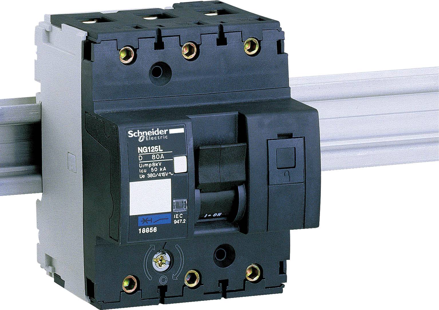 Prekidač tvrtke Schneider Electric, model NS125L, montiran na metalnoj šini. Pogodan za 80A, 50Hz, 380/415V.