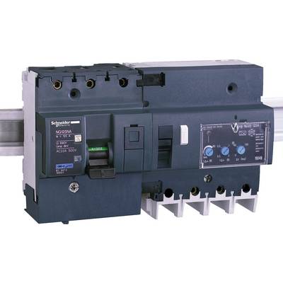 Automatski glavni prekidač montiran na DIN šinu, s upravljačkim elementima i vidljivim električnim priključnim stezaljkama.