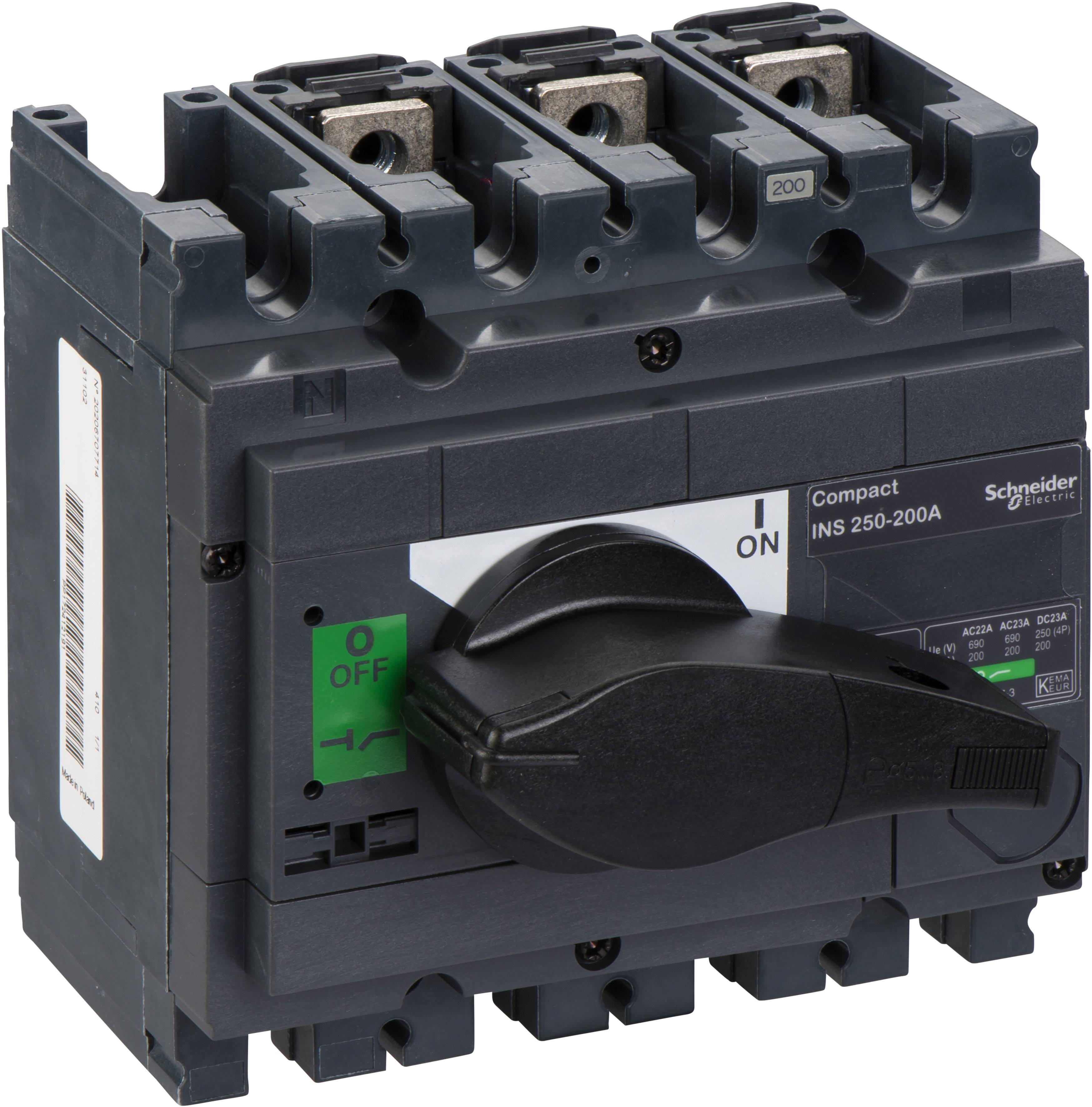 Trofazni prekidač snage tvrtke Schneider Electric s velikim crnim prekidačem, obilježen natpisima 'ON' i 'OFF'.