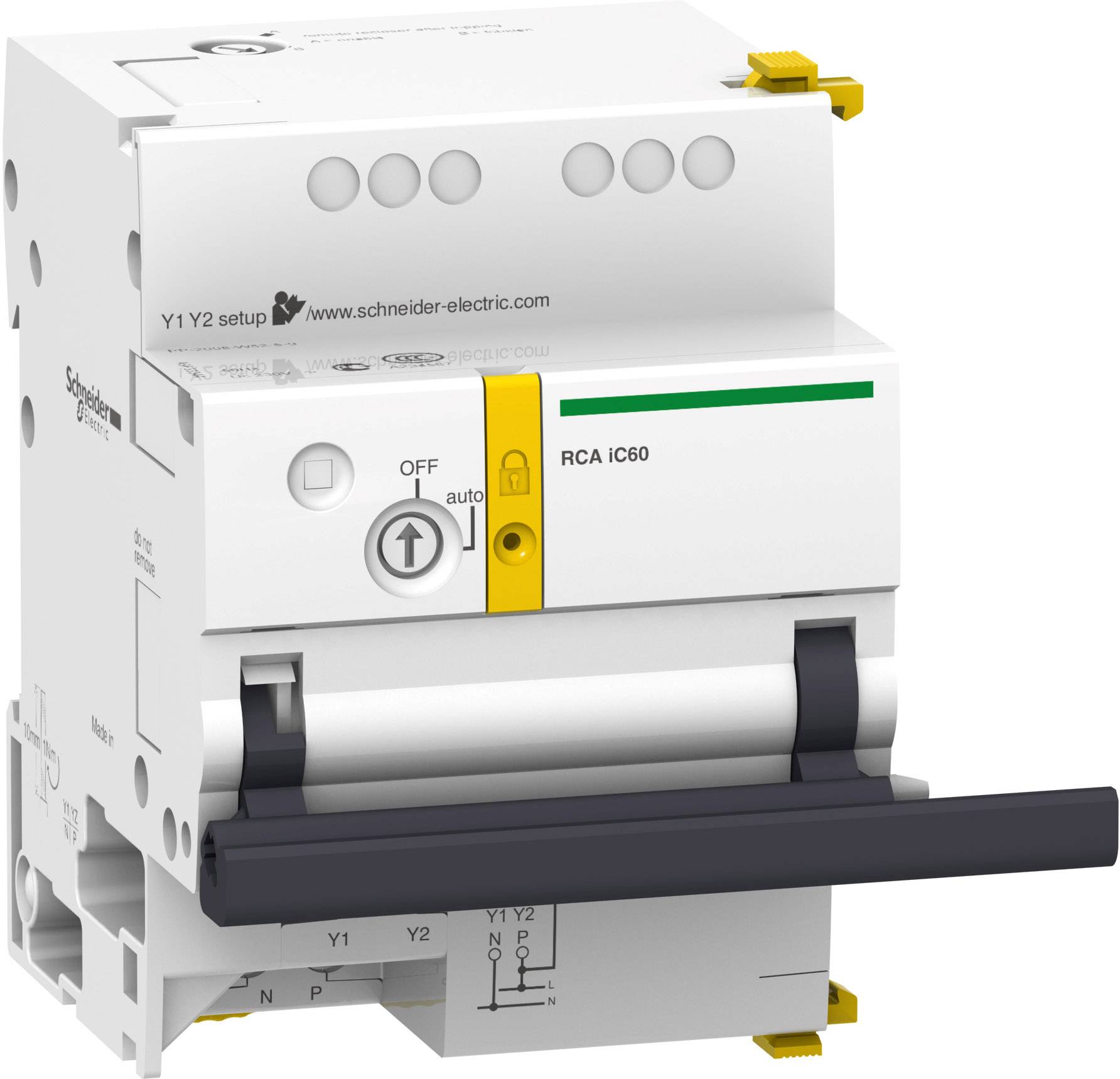 Dvopolni zaštitni prekidač Schneider Electric-a s preklopnikom za uključivanje/isključivanje i automatski rad, model RCA iC60.