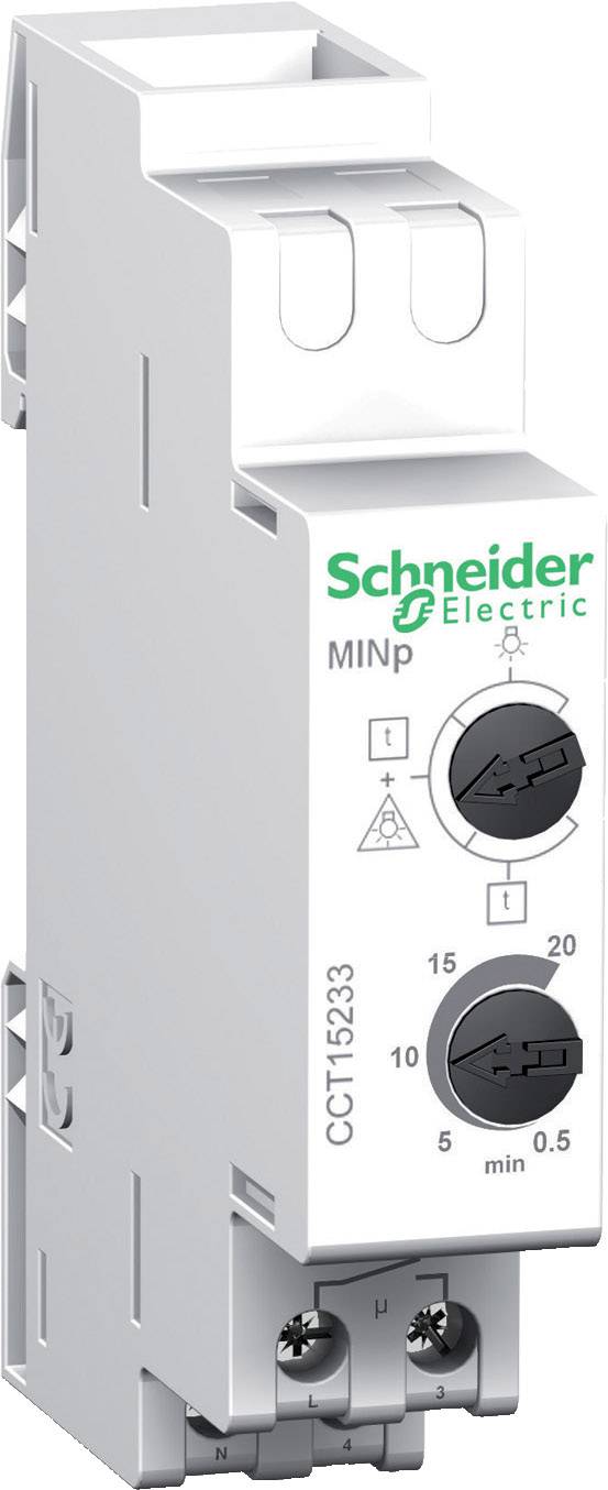 Sklopni vremenski relej tipa DIN-šina od Schneider Electrica, model MINp, s podesivim sklopkama za vremensko kašnjenje.