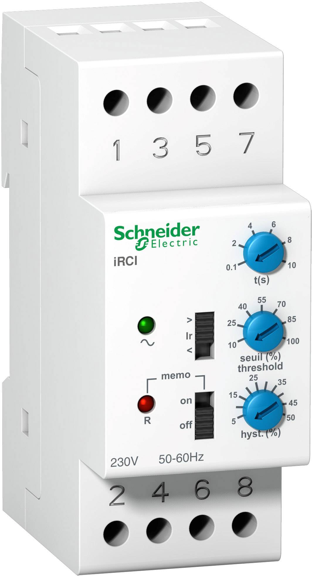 Bijelo električno vremensko relejno uređaje tvrtke Schneider Electric s plavim okretnim gumbima za podešavanje vremena i pragova, 230V, 50-60Hz.