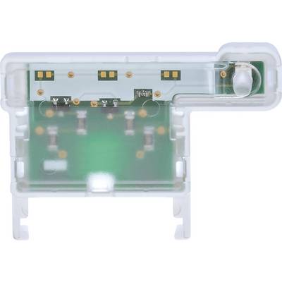 Elektronički element s zelenom elektroničkom pločicom i zlatnim kontaktima, montiran na bijelom plastičnom nosču.