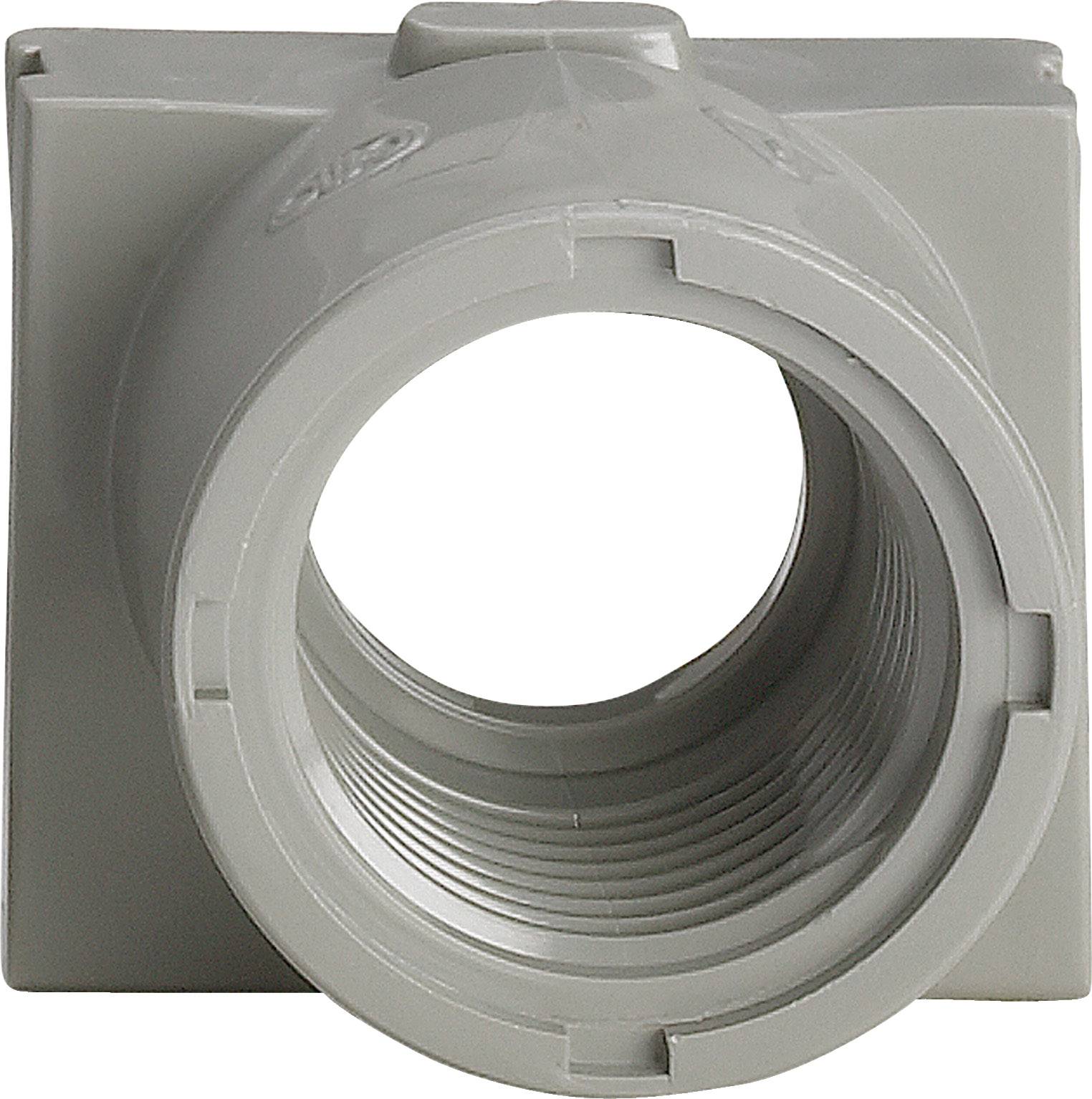 Sivo plastično spojno koljeno s kvadratnom prirobnicom, korišteno za spajanje cijevi u instalacijama.