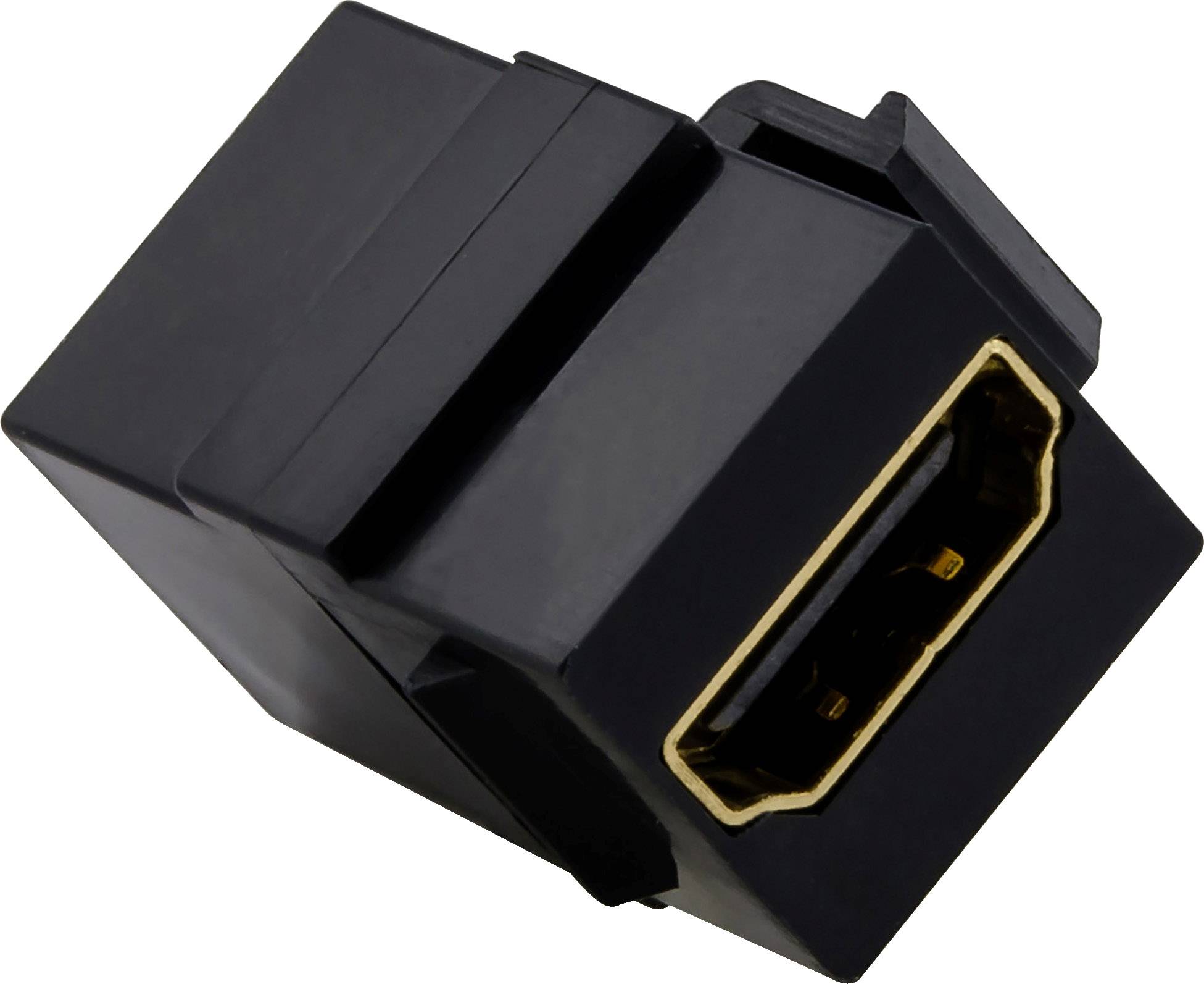 Crni HDMI adapter pravokutnog oblika koji se koristi za spajanje HDMI kabela.