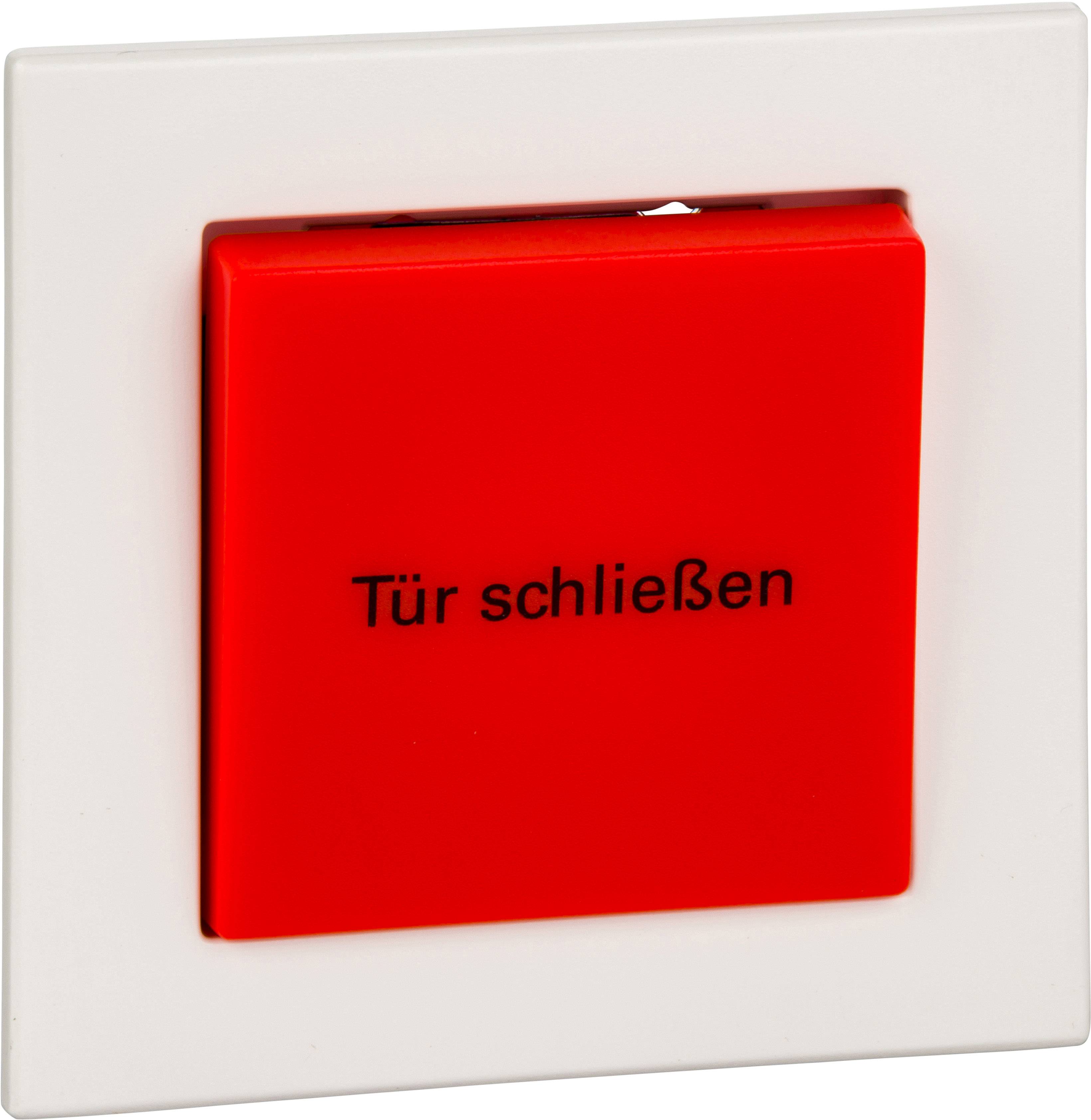 Crveni gumb s natpisom 'Zatvoriti vrata' na bijelom panelu.
