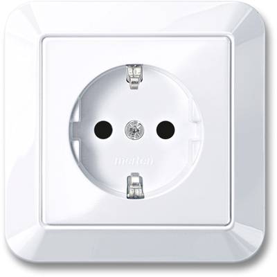 Bijela zidna utičnica s dva okrugla utora i srebrnim kontaktima, pogodna za priključivanje električnih uređaja.