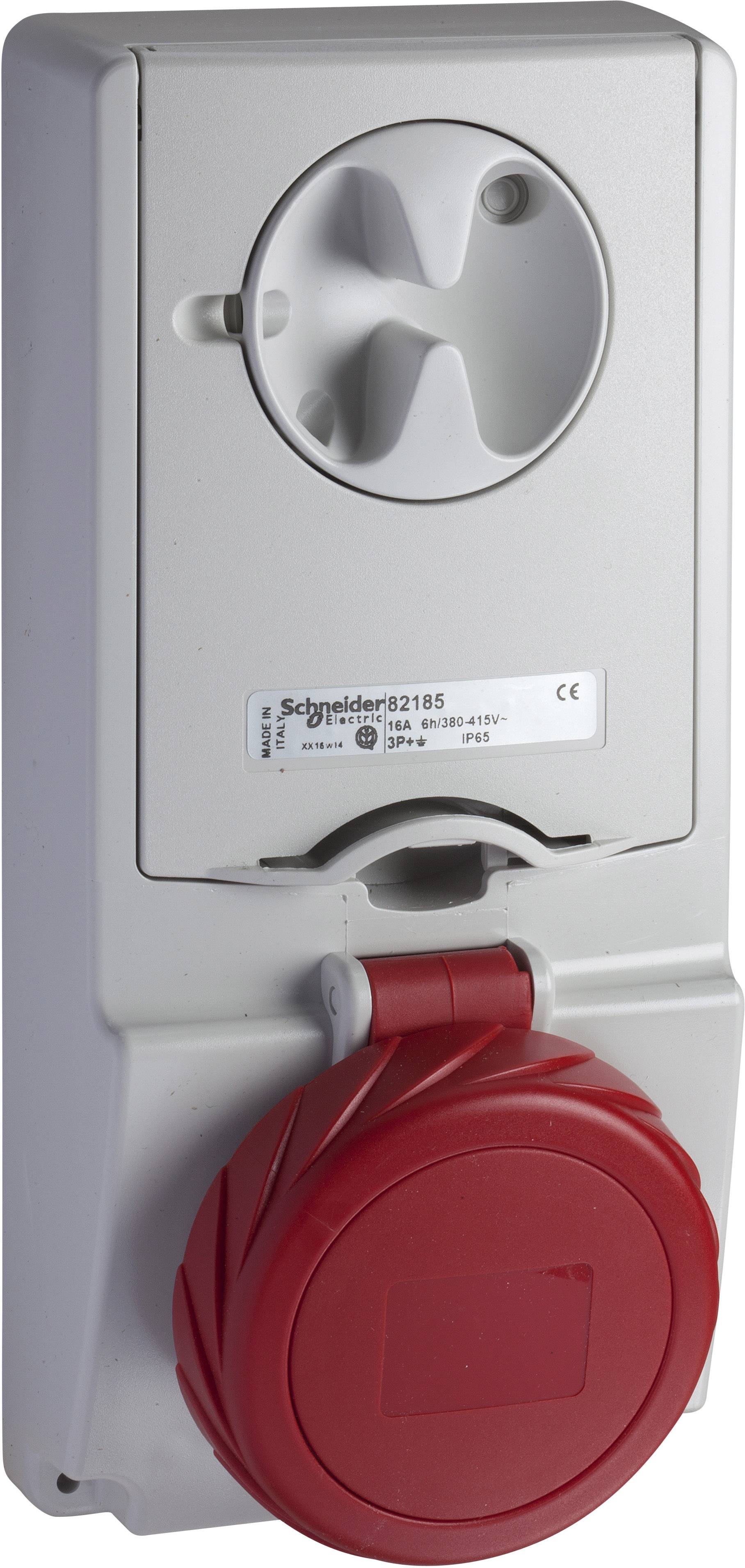 Električna utičnica s crvenim poklopcem i osigurač. Oznaka 'Schneider Electric', pogodan za 230V-415V.