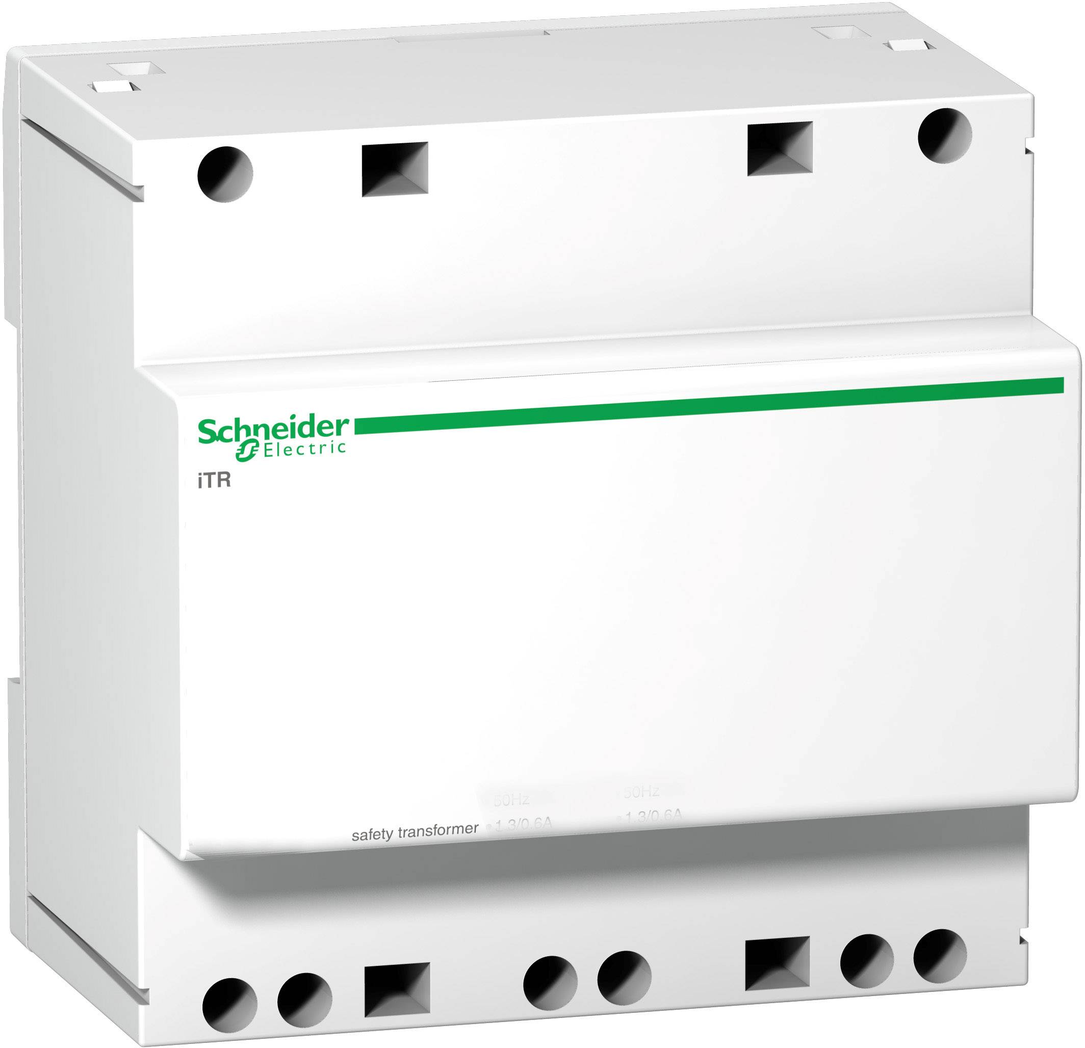 Bijeli sigurnosni transformator od Schneider Electrica, model iTR. Uređaj za električne primjene sa zelenim logotipom na prednjoj strani.