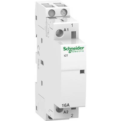 Bijeli modularni pomoćni kontaktor tvrtke Schneider Electric oznake 'iCT' prikazuje priključke A1 i A2 za jednostavno ožičenje.