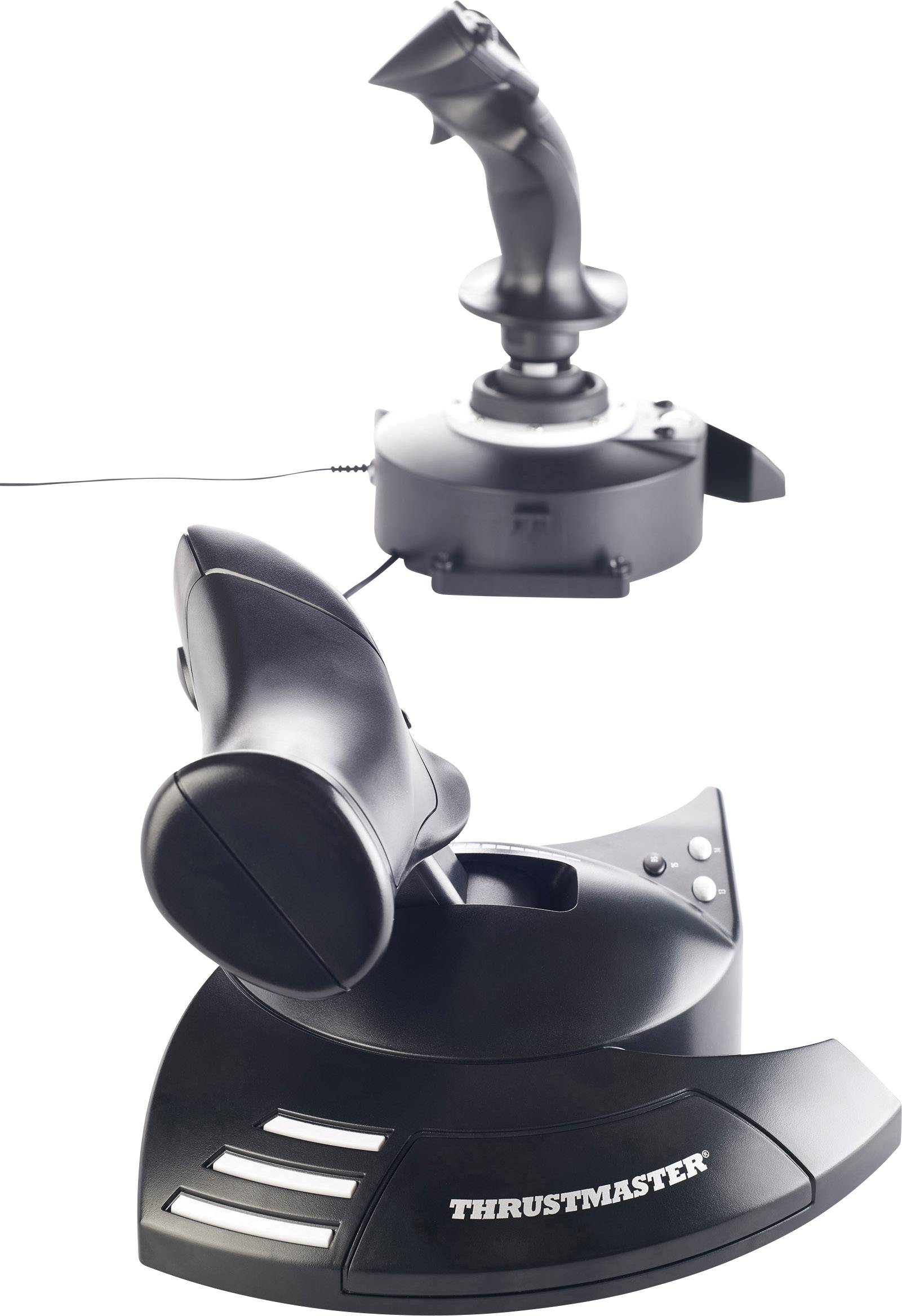 Crni joystick s odvojenom jedinicom gasa, pogodan za simulacije letenja. Naziv marke 'Thrustmaster' na bazi.
