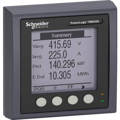 Prikaz brojila električne energije s tekstom: 'Vavg 415,69 V, Iavg 225,0 A, Ptot 140,296 kW, E Del 10,305 MWh' od Schneider Electric.