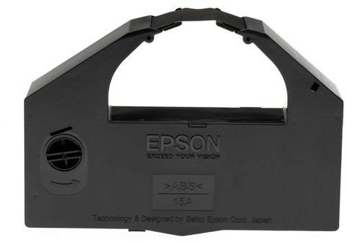 Crna kaseta vrpce za pisač s ručkom. Natpis: 'EPSON, Nadmaši svoju viziju.' Razvijeno od strane Seiko Epson Corp.