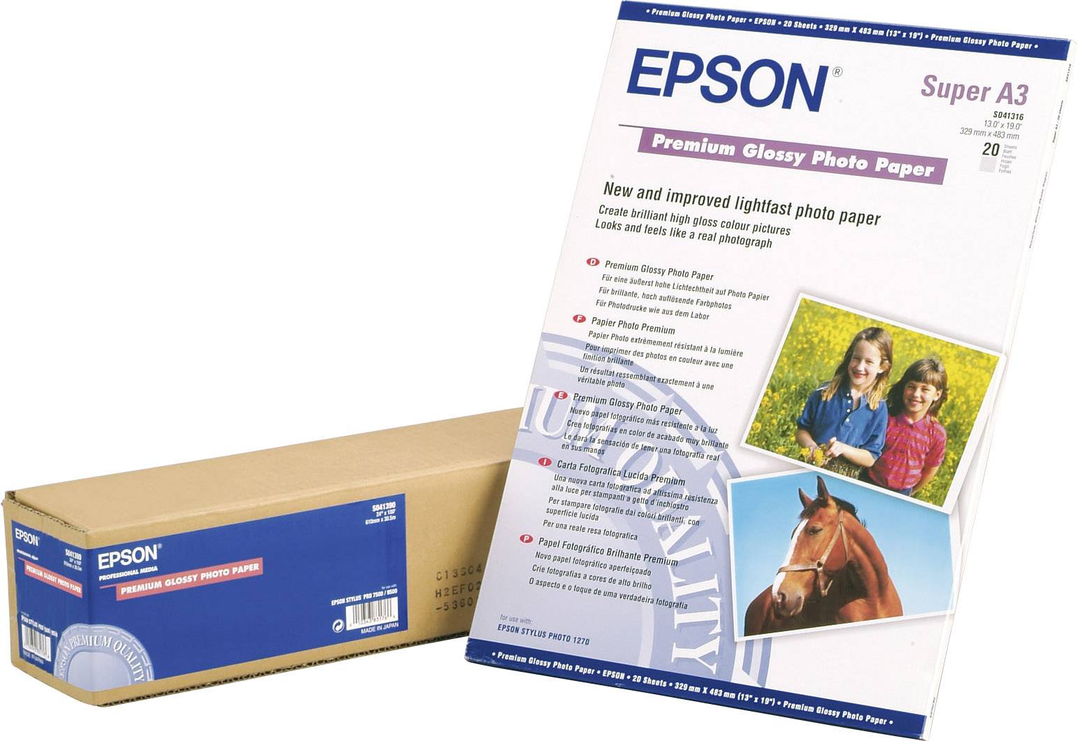 Pakiranja i kutije 'Epson Premium Sjajnog Foto Papira Super A3' prikazuju dvoje djece i konja; namijenjen visokokvalitetnim foto otiscima.