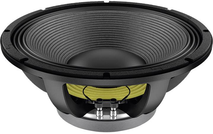 Crni subwoofer sa žutim akustičkim komponentama, pogled sa strane. Prikazuje strukturu membrane i priključke.