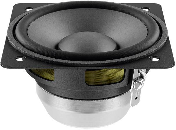 Crni zvučnik s kružnim čunjastim membrane, pogodan za audio ili Hi-Fi sustave, pridržava se metalnom konzolom.