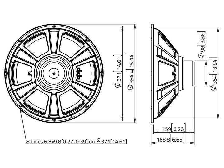 Tehnički nacrt zvučnika s dimenzijama: promjer 371 mm, dubina 159 mm. Mjere i detalji navedeni.