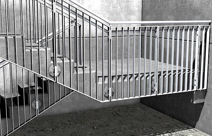 Betonske stepenice s metalnom ogradom u modernom, industrijskom dizajnu, vode prema gore, s izrazitim kontrastima svjetla i sjene.