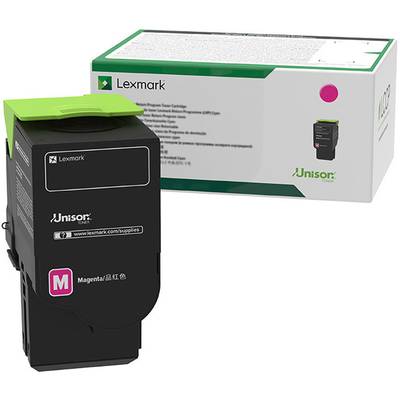 Tinta za printer Lexmark u magenta boji, pored ambalaže s Lexmark logotipom.