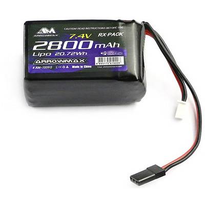"Crni akumulatorski paket s natpisom "Arrowmax 7.4V RX-Pack Lipo 2800 mAh 20.72 Wh". Kablovi s utikačima su postavljeni."
