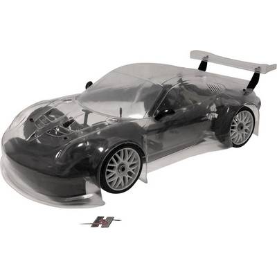 Prozirno kućište modela automobila sa spoilerom i detaljnim naplatcima, bez boje ili ukrasa.