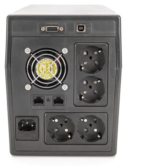 Crni UPS uređaj s ventilatorom, 4 Schuko utičnice, mrežnim priključkom i komunikacijskim priključcima na stražnjoj strani.