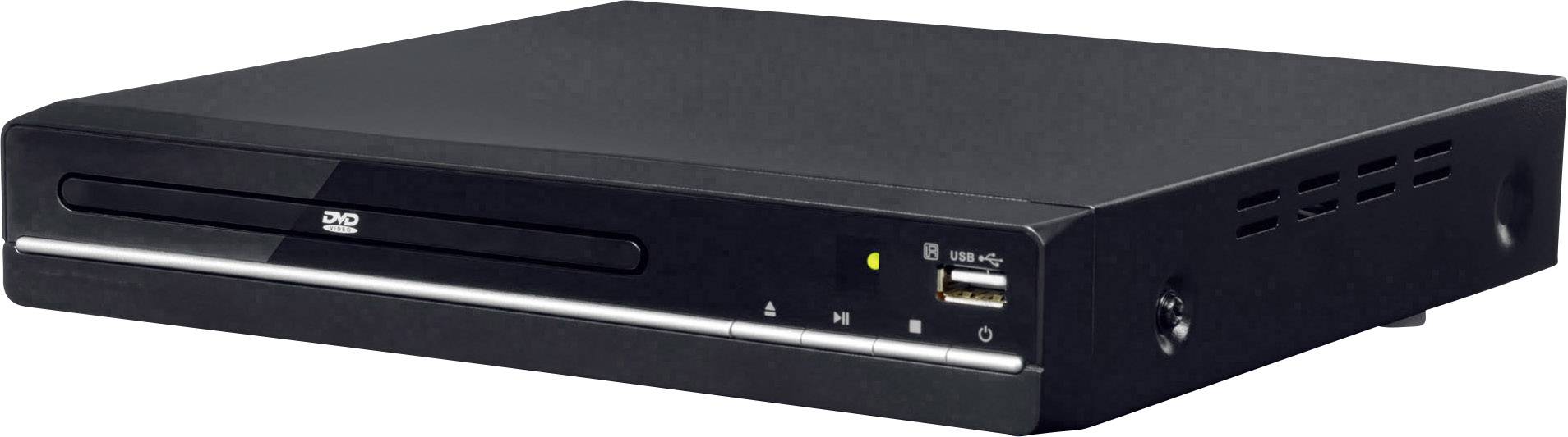 Crni DVD player s prednjim utorom za učitavanje i USB priključkom na prednjoj strani. Uređaj stoji na bijeloj podlozi.